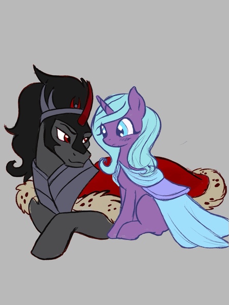 Size: 1500x2000 | Tagged: safe, artist:amanecerlobo, derpibooru import, idw, king sombra, radiant hope, pony, unicorn, g4, duo, duo male and female, female, gray background, horn, image, jpeg, male, ship:hopebra, shipping, simple background, straight