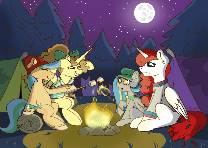 Size: 1920x1371 | Tagged: safe, derpibooru import, oc, oc:apricity, oc:poutine, oc:sunny showers, oc:trail blazer, unofficial characters only, alicorn, earth pony, pegasus, campfire, fire, food, image, marshmallow, moon, night, outdoors, png, sitting, tent, vanhoover, vanhoover pony expo, vanhoover pony expo 2025