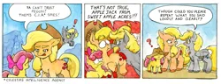 Size: 1765x678 | Tagged: safe, artist:lost marbles, derpibooru import, apple bloom, applejack, derpy hooves, earth pony, pegasus, pony, g4, apple bloom's bow, applejack's hat, bow, comic, comic strip, cowboy hat, female, hair bow, hat, image, mixed media, png, traditional art, trio, trio female, watercolor painting