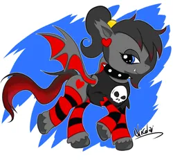 Size: 1977x1828 | Tagged: safe, artist:nicolai, derpibooru import, oc, unofficial characters only, bat pony, pony, clothes, collar, ear piercing, earring, femboy, feminine stallion, image, jewelry, male, piercing, png, ponysona, ponytail, skull, socks, spiked collar, striped socks, unshorn fetlocks