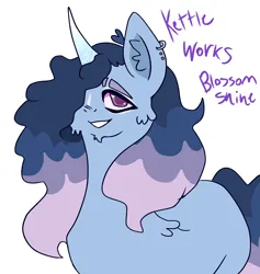 Size: 3032x3198 | Tagged: safe, anonymous artist, derpibooru import, oc, oc:kettleworks blossomshine, pony, unicorn, ear fluff, ear piercing, horn, horn markings, image, male, markings, parent:alphabittle blossomforth, parent:argyle starshine, parents:alphagyle, piercing, png, purple eyes, smiling, split eyebrow, stallion