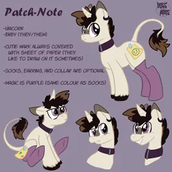 Size: 2362x2362 | Tagged: safe, artist:dogs-from-mars, derpibooru import, oc, oc:patch-note, unofficial characters only, unicorn, brown mane, clothes, ear piercing, earring, horn, image, jewelry, piercing, png, ponysona, pronouns, purple eyes, reference sheet, socks