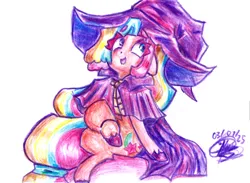 Size: 8460x6192 | Tagged: safe, artist:mannybcadavera, derpibooru import, sunny starscout, earth pony, pony, g5, absurd file size, absurd resolution, colored pencil drawing, female, hat, image, mare, open mouth, open smile, png, signature, simple background, sitting, smiling, solo, traditional art, white background, witch hat