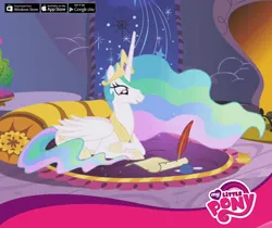 Size: 940x788 | Tagged: safe, derpibooru import, edit, edited screencap, official, screencap, princess celestia, alicorn, pony, g4, griffon the brush off, season 1, crown, dear princess celestia, female, gameloft, image, inkwell, jewelry, letter, mare, my little pony, my little pony logo, png, princess celestia's bedroom, quill, regalia, royal, scroll, solo, wings, writing