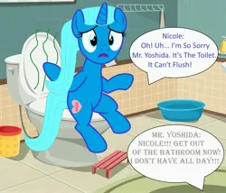 Size: 2765x2368 | Tagged: suggestive, artist:memeartboi, derpibooru import, ponified, pony, unicorn, g4, bathroom, broken, but why, female, heart, heart cutiemark, horn, image, imminent flush, implied poop, implied screaming, implied urine, indoors, jpeg, mare, mother, nervous, nicole watterson, oh no, open mouth, sitting, sitting on toilet, smelly, solo, speech bubble, stuck, text, the amazing world of gumball, toilet, toilet humor, trash can, uh oh, unicorn horn, worried