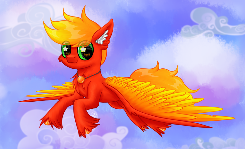 Size: 4100x2500 | Tagged: safe, artist:sunamoonmlp, derpibooru import, oc, oc:flameheart, unofficial characters only, pegasus, pony, g4, accessory, cheek fluff, chest fluff, cloud, cute, derpibooru exclusive, ear fluff, flying, full body, hooves, image, looking at you, male, png, sky, smiling, smiling at you, solo, stallion, wings