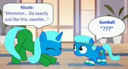 Size: 4194x2280 | Tagged: safe, artist:memeartboi, derpibooru import, ponified, pegasus, pony, unicorn, g4, beautiful, clothes, colt, confused, cute, duo, duo male and female, eyes closed, eyes open, female, foal, gumball watterson, horn, image, indoors, jpeg, learn, learning, leotard, little boy, looking up, lower body, lowering, male, mare, mother, mother and child, mother and son, motherly, nicole watterson, pegasus wings, question mark, smiling, speech bubble, sports outfit, spread hooves, spread wings, stretch, stretching, text, the amazing world of gumball, unicorn horn, unitard, wings, yoga, yoga mat, yoga pose