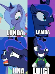 Size: 1536x2048 | Tagged: safe, derpibooru import, editor:umsx, screencap, princess luna, alicorn, pony, a royal problem, between dark and dawn, friendship is magic, g4, luna eclipsed, caption, image, image macro, jpeg, luigi, meme, my little pony, shitposting, solo, super mario, text