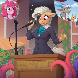 Size: 1024x1024 | Tagged: safe, ai content, machine learning generated, prompter:teaspoon, discord, mayor mare, pinkie pie, anthro, draconequus, earth pony, g4, blushing, clothes, concerned, female, floppy ears, i've seen enough hentai to know where this is going, image, microphone, png, podium, smiling, snapping, solo, suit, tentacles