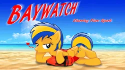 Size: 3840x2160 | Tagged: safe, artist:ejlightning007arts, derpibooru import, oc, oc:flare spark, unofficial characters only, pegasus, pony, g4, baywatch, clothes, female, image, kissing, lidded eyes, lifeguard, lying down, mare, one-piece swimsuit, pegasus oc, png, red swimsuit, side, solo, swimsuit, vector, wings