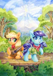 Size: 1051x1500 | Tagged: safe, artist:maytee, derpibooru import, applejack, coloratura, earth pony, pony, g4, the mane attraction, colored pencil drawing, duo, duo female, female, filly, filly applejack, filly coloratura, foal, guitar, image, musical instrument, my little pony, png, scene interpretation, singing, traditional art, younger, younger applejack, younger coloratura