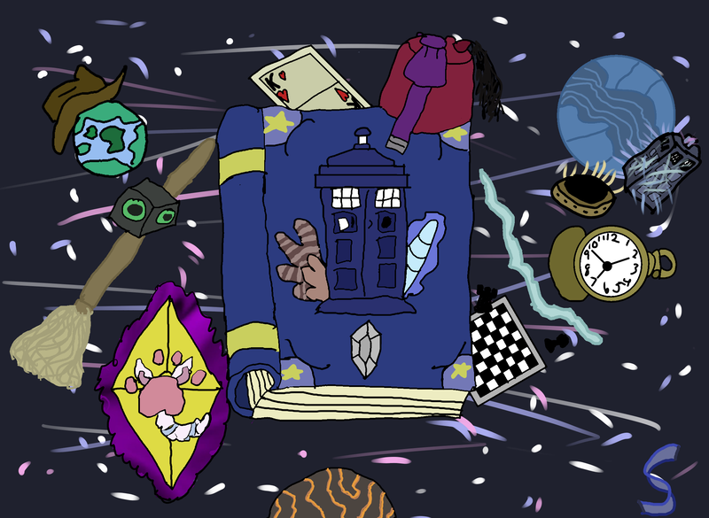 Size: 2270x1660 | Tagged: safe, artist:the skylar, derpibooru import, book, chessboard, cowboy hat, doctor who, earth, fez, flutters, hat, horn, image, mop, pandorica, planet, playing card, png, pocket watch, space, spaceship, tardis, wings