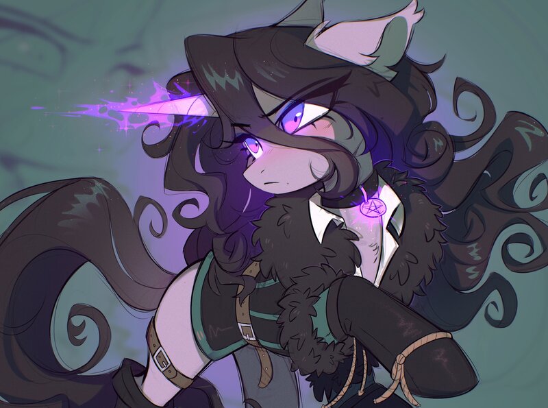 Size: 2292x1704 | Tagged: safe, artist:kirionek, derpibooru import, ponified, pony, unicorn, belt, belt buckle, clothes, curly hair, curly mane, horn, image, jewelry, jpeg, magic, magic aura, pendant, purple eyes, raised hoof, solo, yennefer, yennefer of vengerberg