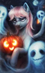 Size: 1315x2091 | Tagged: safe, artist:fantiimotaru, derpibooru import, oc, unofficial characters only, ghost, pegasus, pony, undead, coat markings, facial markings, female, halloween, holiday, image, jack-o-lantern, mare, png, pumpkin, solo, spread wings, star (coat marking), wings