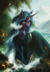 Size: 2287x3300 | Tagged: safe, artist:fantiimotaru, derpibooru import, oc, unofficial characters only, pony, unicorn, choker, clothes, curved horn, dress, female, glasses, glasses chain, horn, horn jewelry, image, jewelry, mare, outdoors, png, solo, water