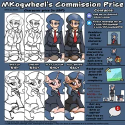 Size: 6050x6050 | Tagged: safe, artist:mkogwheel, derpibooru import, oc, oc:cans churner, oc:crow mellow, oc:zeal lanatus, human, pony, advertisement, business suit, businessmare, clothes, commission info, human ponidox, humanized, humanized oc, image, png, self paradox, self ponidox