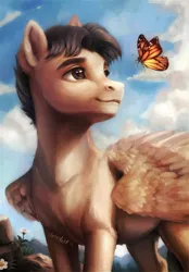 Size: 1392x2000 | Tagged: safe, artist:fantiimotaru, derpibooru import, oc, unofficial characters only, butterfly, insect, pegasus, pony, image, male, outdoors, png, solo, stallion