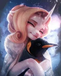 Size: 1154x1435 | Tagged: safe, artist:fantiimotaru, derpibooru import, oc, unofficial characters only, bird, penguin, pony, unicorn, cloak, clothes, curved horn, horn, hug, image, jpeg, snow, snowfall, solo