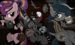 Size: 1280x776 | Tagged: safe, artist:shizow, derpibooru import, oc, unofficial characters only, alicorn, bat pony, pony, unicorn, fallout equestria, deviantart watermark, female, horn, image, mare, mask, obtrusive watermark, pipbuck, png, watermark, weapon