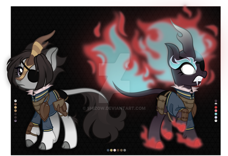 Size: 1280x878 | Tagged: safe, artist:shizow, derpibooru import, kirin, nirik, clothes, deviantart watermark, eyepatch, image, jumpsuit, obtrusive watermark, png, solo, vault suit, watermark