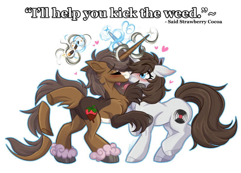 Size: 3007x2161 | Tagged: safe, alternate version, artist:inspiredpixels, derpibooru import, oc, oc:black record, oc:strawberry cocoa (the coco clan), unofficial characters only, monster pony, pony, unicorn, 2025, anklet, bipedal, bipedal leaning, blaze (coat marking), blue eyes, blush lines, blush sticker, blushing, brown coat, brown mane, brown tail, burning, bushy tail, catchlights, chest fluff, cigarette, coat markings, colored, commission, commissioner:rautamiekka, context in description, crossdressing, dialogue, digital art, drugs, duo, duo male, ears, english, eyebrows, eyelashes, eyes closed, eyes open, facial markings, featureless crotch, female to male, femboy, flat colors, floppy ears, friends with benefits, from front, gay, gray hooves, half r63 shipping, happy, high res, hoof ring, hooves, horn, image, jewelry, kiss on the lips, kissing, leaning, leg fluff, lighter underbelly, long tail, looking forward, magic, magic aura, male, male oc, mane, marijuana, no eyelashes, oc x oc, older male, png, pony oc, pony on pony action, quadrupedal, rule 63, segmented tail, shading, shipping, short mane, side view, simple background, smiling, stallion, stallion oc, stallion on stallion, standing, sternocleidomastoid, surprised, tail, transparent background, two toned coat, unicorn oc, unshorn fetlocks, white coat, younger male