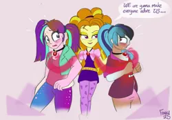 Size: 2303x1600 | Tagged: safe, artist:foxxy-arts, derpibooru import, adagio dazzle, aria blaze, sonata dusk, human, equestria girls, g4, female, gem, image, magic, png, siren gem, speech bubble, surprised, the dazzlings, transformation, trio