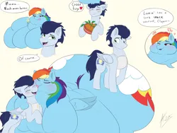 Size: 4000x3000 | Tagged: suggestive, artist:astrum, derpibooru import, rainbow dash, soarin', pegasus, pony, g4, affection, apron, batter, bedroom eyes, belly, big belly, bingo wings, blushing, blushing profusely, bowl, boyfriend and girlfriend, butt, carrot, carrying, chubby cheeks, clothes, couple, dialogue, digital art, duo, duo male and female, ear fluff, eyes closed, fat, fat fetish, fat legs, feedee, feeder, female, fetish, flabby chest, flank, floppy ears, folded wings, food, good boy, heart, height difference, holding, hug, huge belly, huge butt, image, large butt, larger female, laughing, licking, licking cheeks, licking lips, lidded eyes, looking down, looking sideways, male, morbidly obese, obese, open mouth, petting, png, rainblob dash, rolls of fat, shipping, simple background, size difference, smaller male, smiling, soarindash, straight, stretched cutie mark, talking, thighs, thunder thighs, tongue out, tubby wubby pony waifu, wide hips, wings