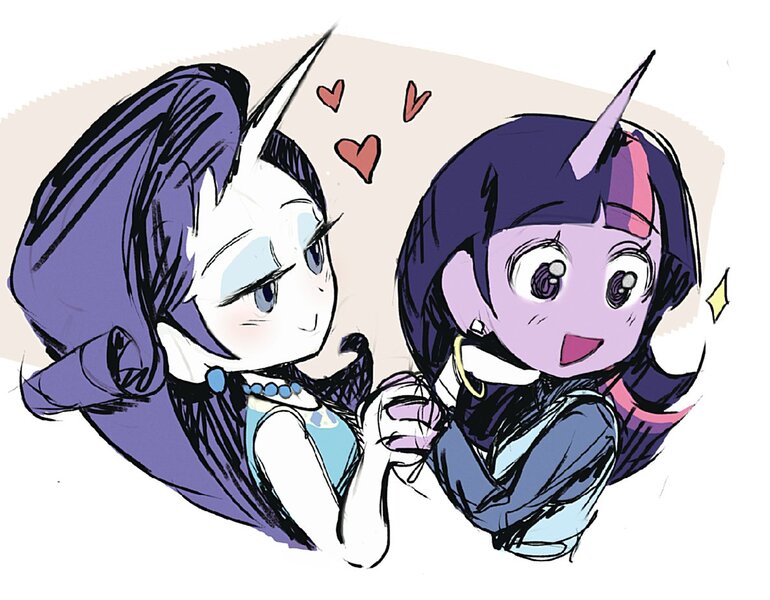 Size: 1186x924 | Tagged: safe, artist:zerdasher, derpibooru import, rarity, twilight sparkle, human, equestria girls, g4, bedroom eyes, blushing, bracelet, clothes, cute, dress, duo, duo female, ear piercing, earring, eyeshadow, female, hand on chin, holding hands, horn, horned humanization, humanized, image, jewelry, jpeg, lesbian, makeup, necklace, open mouth, piercing, raribetes, ship:rarilight, shipping, shirt, simple background, twiabetes, vest, white background