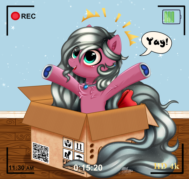 Size: 2407x2290 | Tagged: safe, artist:schwinarts, derpibooru import, oc, oc:dawn blossom, unofficial characters only, earth pony, pony, blushing, bow, box, cardboard box, ear piercing, earring, earth pony oc, image, jewelry, male, necklace, piercing, png, recording, solo, stallion, wavy mane, yay