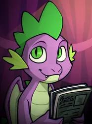 Size: 1040x1400 | Tagged: safe, artist:bunnyshrubby, derpibooru import, spike, oc, oc:spike, unofficial characters only, dragon, equestria at war mod, g4, book, bust, digital art, fangs, green eyes, holding a book, image, indoors, jpeg, looking at you, looking right, male, my little pony, new characters for equestria at war, new characters for equestria at war mod, portrait, smiling, smiling at you, solo, updated portrait, updated portraits, updated portraits from the equestria at war mod, wings