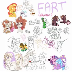 Size: 2500x2500 | Tagged: safe, artist:pink lemonade, artist:syrupyyy, derpibooru import, applejack, fluttershy, rainbow dash, starlight glimmer, sunset shimmer, trixie, oc, bat pony, earth pony, pegasus, pony, unicorn, g4, apple, art dump, bat pony oc, bat wings, blood, bust, collaboration, crying, eating, equal sign, fangs, female, flutterdash, food, freckles, furrowed brow, glasses, grin, hand, horn, hug, image, implied sex, implied tribadism, jpeg, lady amalthea, lesbian, mare, pickle rick, pun, scissors, shipping, simple background, skateboard, smiling, spread wings, square glasses, startrix, that pony sure does love apples, the last unicorn, thought bubble, visual pun, white background, wings