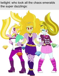 Size: 788x1015 | Tagged: safe, artist:dez-a-sketch, derpibooru import, adagio dazzle, aria blaze, sonata dusk, equestria girls, g4, alternate eye color, alternate hair color, chaos emerald, image, jpeg, meme, sonic the hedgehog (series), super form, super sonic, text, the dazzlings