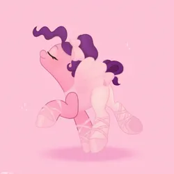 Size: 2480x2480 | Tagged: safe, artist:starburstuwu, derpibooru import, pipp petals, pegasus, pony, g5, alternate hairstyle, ballerina, ballet slippers, bow, butt, eyes closed, female, hair bow, high res, image, jpeg, mare, nose in the air, pink background, plot, simple background, smiling, solo, spread wings, tail, tail bow, tights, wings