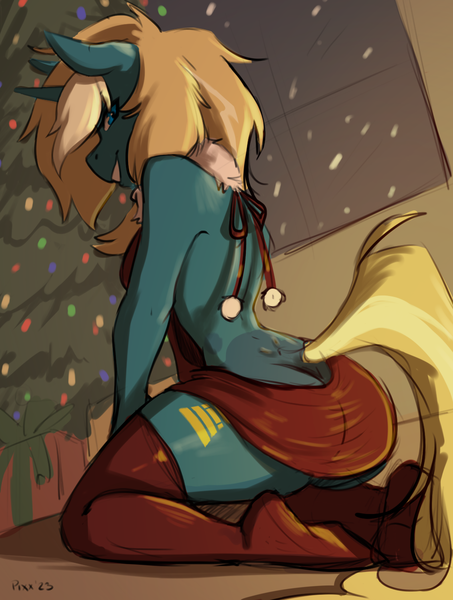 Size: 1032x1368 | Tagged: source needed, suggestive, artist:pixxpal, derpibooru import, oc, oc:maple parapet, unofficial characters only, anthro, unicorn, anthro oc, backless, blonde, christmas, christmas tree, clothes, coat markings, dappled, holiday, horn, image, looking at you, png, smiling, smiling at you, socks, sultry pose, tail, thigh highs, tree, two toned mane, two toned tail