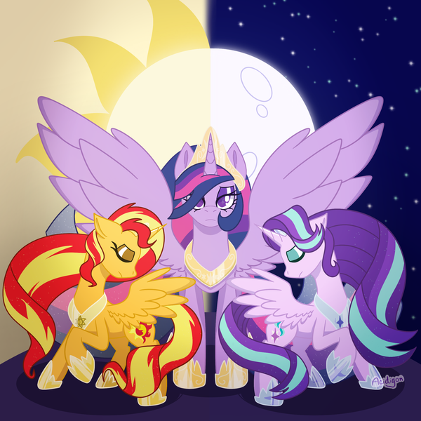 Size: 2048x2048 | Tagged: safe, artist:acidigon, derpibooru import, starlight glimmer, sunset shimmer, twilight sparkle, twilight sparkle (alicorn), alicorn, pony, g4, alicornified, female, image, jewelry, png, race swap, regalia, shimmercorn, spread wings, starlicorn, trio, trio female, wings, xk-class end-of-the-world scenario