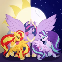 Size: 2048x2048 | Tagged: safe, artist:acidigon, derpibooru import, starlight glimmer, sunset shimmer, twilight sparkle, twilight sparkle (alicorn), alicorn, pony, g4, alicornified, female, image, jewelry, png, race swap, regalia, shimmercorn, spread wings, starlicorn, trio, trio female, wings, xk-class end-of-the-world scenario