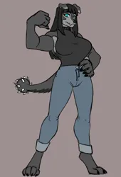 Size: 684x1008 | Tagged: safe, artist:burningsnowflakeproductions, derpibooru import, oc, oc:morgan graywacke, unofficial characters only, anthro, diamond dog, digitigrade anthro, pony, anthro oc, big breasts, breasts, clothes, colored sketch, commission, denim, diamond dog oc, digital art, female, female diamond dog, flexing, hand on hip, image, jeans, mare, muscles, muscular female, pants, png, shirt, simple background, sketch, slit pupils