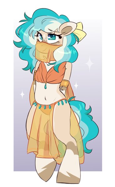 Size: 1255x2048 | Tagged: safe, artist:cheekipone, ponerpics import, oc, unofficial characters only, earth pony, pony, semi-anthro, belly, belly button, belly dancer outfit, bow, bra, bracelet, clothes, earth pony oc, eyebrows visible through hair, facial markings, female, floppy ears, freckles, hair bow, hooves behind back, image, jewelry, jpeg, mare, necklace, panties, passepartout, raised leg, see-through, smiling, socks (coat marking), solo, standing on two hooves, underwear, unshorn fetlocks, veil