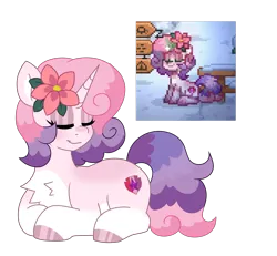 Size: 3091x2854 | Tagged: safe, artist:crazysketch101, derpibooru import, sweetie belle, pony, unicorn, pony town, g4, chest fluff, coat markings, cutie mark, eyes closed, flower, flower in hair, happy, horn, image, lying down, multicolored hair, multicolored mane, multicolored tail, outdoors, pink fur, png, sign, smiling, snow, socks (coat marking), solo, unshorn fetlocks