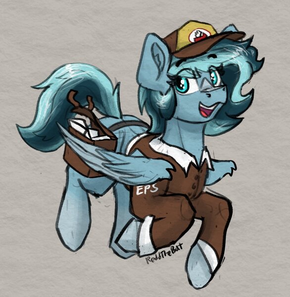 Size: 1138x1165 | Tagged: safe, artist:reddthebat, derpibooru import, oc, oc:alaska (reddthebat), ghost, ghost pony, pegasus, pony, undead, bag, cap, clothes, eyebrows, eyebrows visible through hair, female, hat, image, jpeg, mailbag, mailmare, mare, open mouth, open smile, saddle bag, signature, smiling, solo, uniform