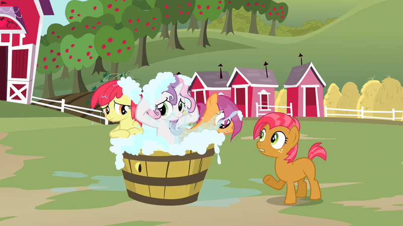 Size: 1280x720 | Tagged: safe, derpibooru import, screencap, apple bloom, babs seed, scootaloo, sweetie belle, earth pony, pegasus, pony, unicorn, g4, one bad apple, apple, apple tree, bath, bathing, bathing together, bubble, cute, female, filly, foal, food, freckles, horn, image, my little pony, outdoor bathing, outdoors, png, raised hoof, tree, washtub, wet, wet mane, wet mane apple bloom, wet mane scootaloo, wet mane sweetie belle