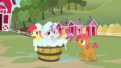 Size: 1280x720 | Tagged: safe, derpibooru import, screencap, apple bloom, babs seed, scootaloo, sweetie belle, earth pony, pegasus, pony, unicorn, g4, one bad apple, apple, apple tree, bath, bathing, bathing together, bubble, cute, female, filly, foal, food, freckles, horn, image, my little pony, outdoor bathing, outdoors, png, raised hoof, tree, washtub, wet, wet mane, wet mane apple bloom, wet mane scootaloo, wet mane sweetie belle