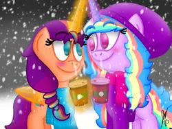 Size: 2160x1620 | Tagged: safe, artist:jesslmc16, derpibooru import, izzy moonbow, sunny starscout, alicorn, pony, unicorn, g5, my little pony: a new generation, alicornified, artificial horn, artificial wings, augmented, beanie, blushing, clothes, coffee, duo, duo female, female, folded wings, hat, horn, image, izzy rainbow, lesbian, levitation, looking at each other, looking at someone, looking at you, magic, magic horn, magic wings, mane stripe sunny, mare, png, race swap, scarf, ship:moonscout, shipping, smiling, smiling at you, snow, sparkles, sunnycorn, sweater, telekinesis, wings