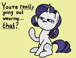 Size: 2048x1561 | Tagged: safe, artist:ewoudcponies, derpibooru import, rarity, pony, unicorn, g4, dialogue, does not approve, female, horn, image, mare, narrowed eyes, png, questioning, simple background, sitting, solo, yellow background