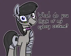 Size: 2048x1631 | Tagged: safe, artist:ewoudcponies, derpibooru import, octavia melody, cyborg, earth pony, pony, g4, clothes, costume, dialogue, female, image, mare, outline, png, purple background, simple background, solo, talking to viewer, white outline