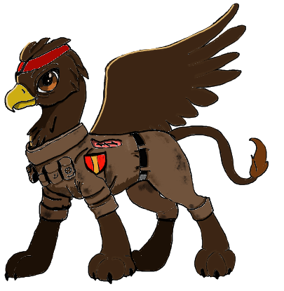 Size: 405x415 | Tagged: semi-grimdark, artist:visserex52, derpibooru import, oc, oc:leopold gladius, gryphon, equestria at war mod, brown, image, missing wing, one wing, png, republic soldier, scar, solo, war vet