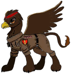 Size: 405x415 | Tagged: semi-grimdark, artist:visserex52, derpibooru import, oc, oc:leopold gladius, gryphon, equestria at war mod, brown, image, missing wing, one wing, png, republic soldier, scar, solo, war vet