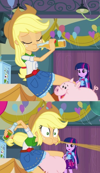 Size: 1080x1861 | Tagged: questionable, artist:tyto-ovo, edit, edited edit, edited screencap, screencap, applejack, twilight sparkle, pig, equestria girls, equestria girls (movie), 2 panel comic, apple cider, apple juice, applejack's hat, balloon, bestiality, between legs, bottle, clothes, comic, cowboy hat, cunnilingus, drink, eyes closed, eyes on the prize, female, fetish, freckles, hat, image, interspecies, jpeg, juice, oral, pig nose, pigtails, sex, skirt, spit take, spitting, spread legs, spreading