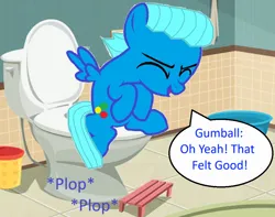 Size: 1008x794 | Tagged: suggestive, artist:memeartboi, derpibooru import, ponified, pegasus, pony, g4, bathroom, but why, colt, eyes closed, foal, gumball watterson, image, imminent flush, implied pooping, indoors, male, onomatopoeia, open mouth, pegasus wings, plop, png, relaxed, relief, relieved, sitting, sitting on toilet, solo, sound effects, speech bubble, spread wings, text, the amazing world of gumball, toilet, toilet humor, wings