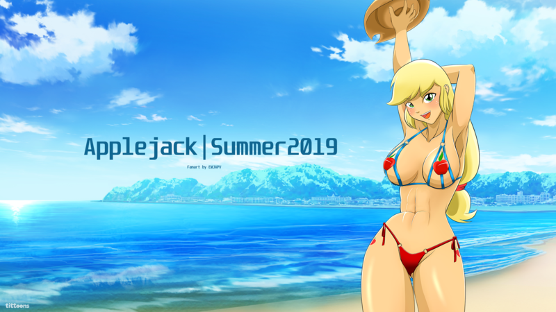 Size: 1920x1080 | Tagged: suggestive, alternate version, artist:tittoons, ponerpics import, ponybooru import, applejack, human, abs, applejack's hat, armpits, beach, bikini, breasts, busty applejack, cleavage, clothes, cowboy hat, cutie mark on human, female, hat, humanized, image, looking at you, micro bikini, outdoors, png, red bikini, smiling, solo, solo female, swimsuit, wallpaper